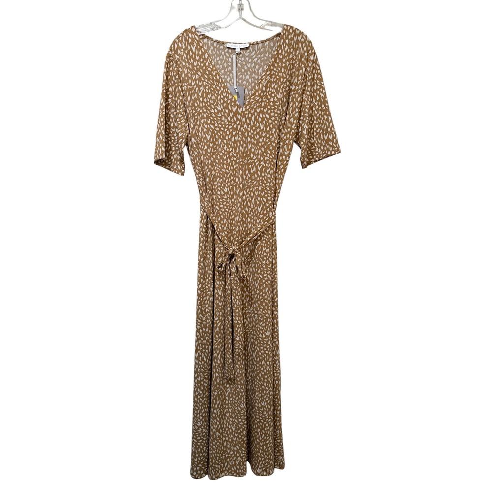 Preston & York Tan White Abstract Print V-Neck Belted Maxi Dress XL NWT